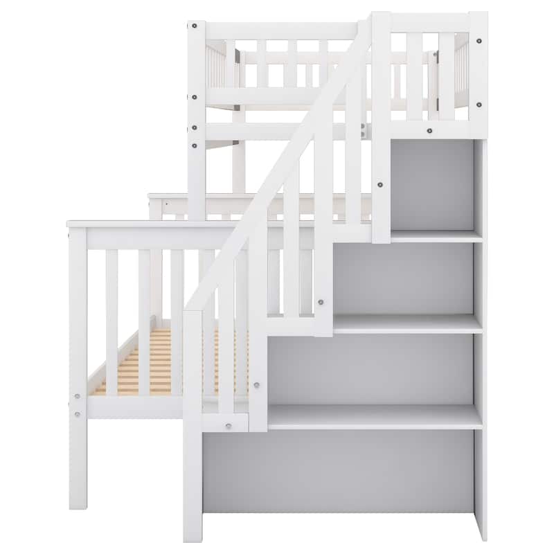 Twin Over Full Bunk Bed with Storage, Ladder & Guardrails