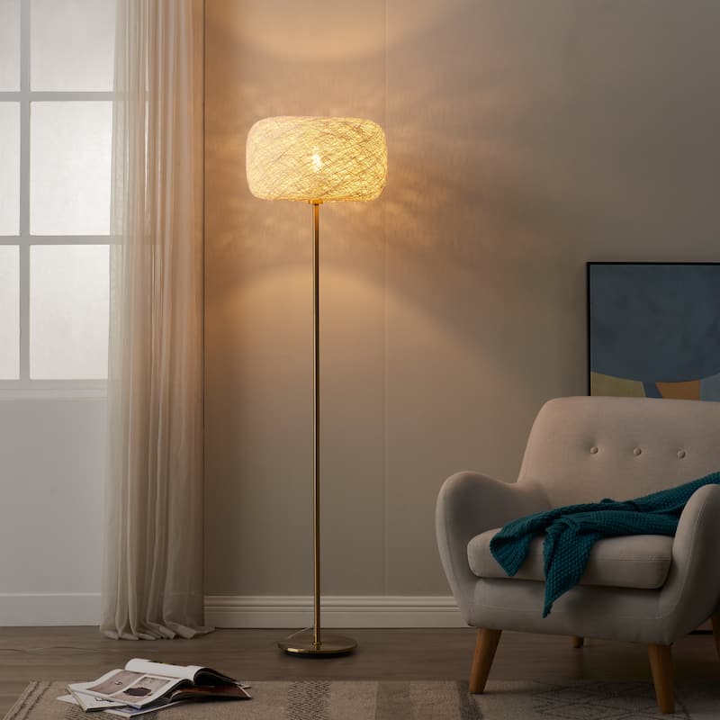 Brightech Rowan 66 in. Antique Brass Mid-Century Modern LED Super Bright Floor Lamp with Beige Twine Drum Shade
