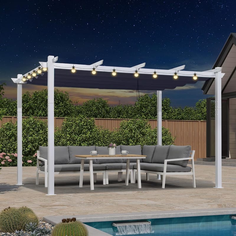 PURPLE LEAF Gazebo White Aluminium Outdoor Retractable Pergola with Canopy Cover - 10ft x 12ft(String Light ) - Navy Blue