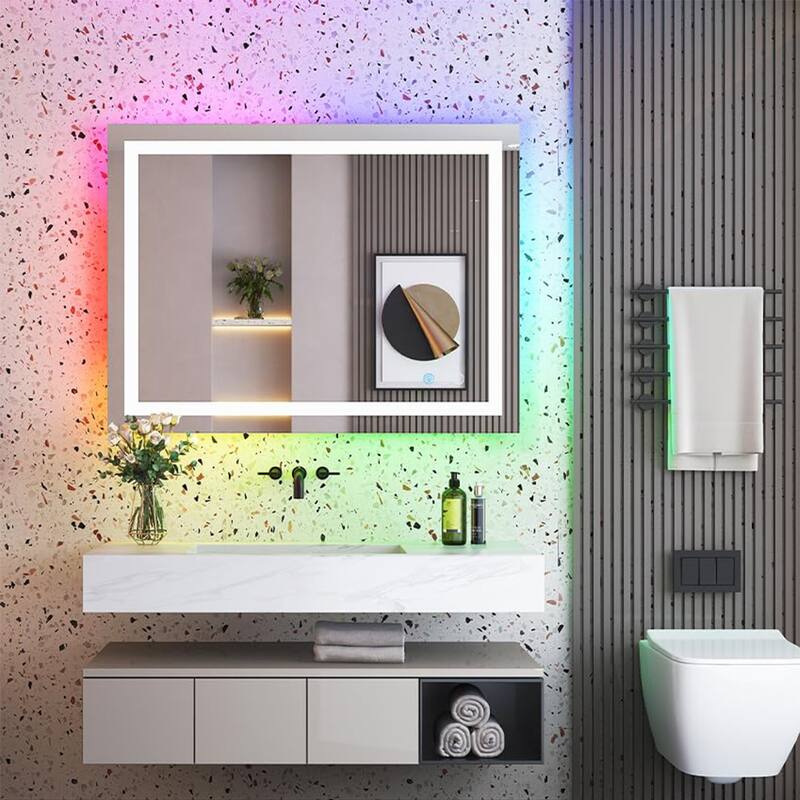 Super Bright RGB Backlit & LED Frontlit Anti-Fog Bathroom Vanity Mirror in Tempered Glass & ETL