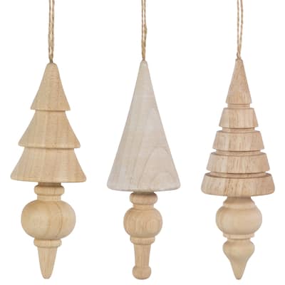Set of 3 Natural Trees Wooden Christmas Ornaments 5.5"