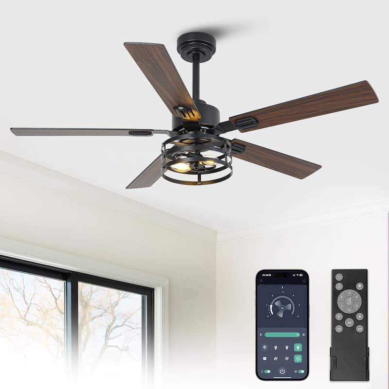 Vaczon 52" Industrial Reversible Wood 5-Blade Black Ceiling Fan with Light and APP Control