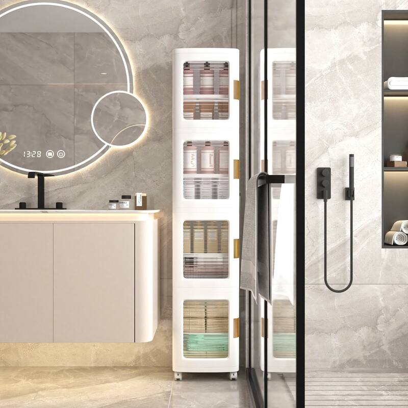 VECELO 65.4" Tall Narrow Storage Bins with Wheels Adjustable Shelves 4-Tier White Plastic Organizer for Bathroom Living Room