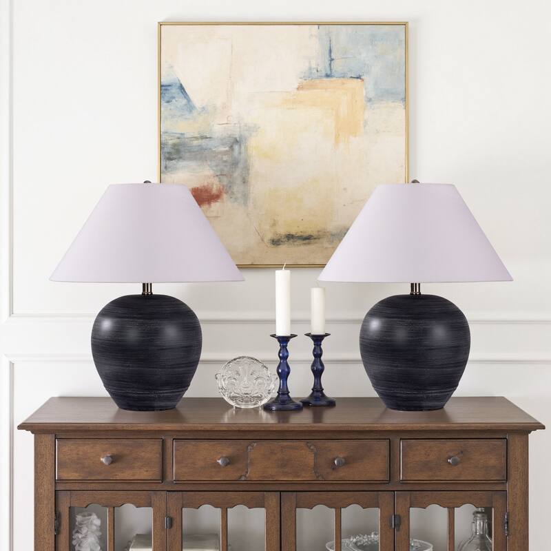 Ceramic Table Lamp with Linen Shade - 2 Pack Black white stripe - 18.1"W x18.1"Dx21.2"H