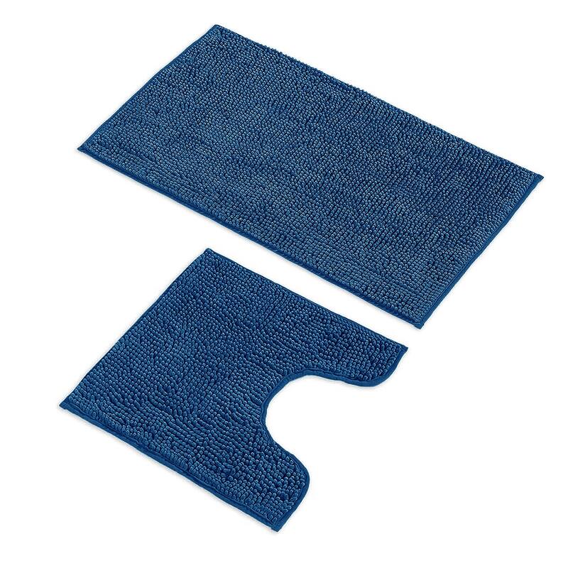 2 Piece Set Blue Soft Cozy Plush Chenille Bath Mat Bathroom Rug
