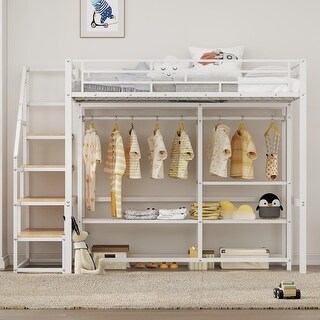 Twin Size Metal Loft Bed with Wardrobe and Storage Shelves,Full-Length Guardrail