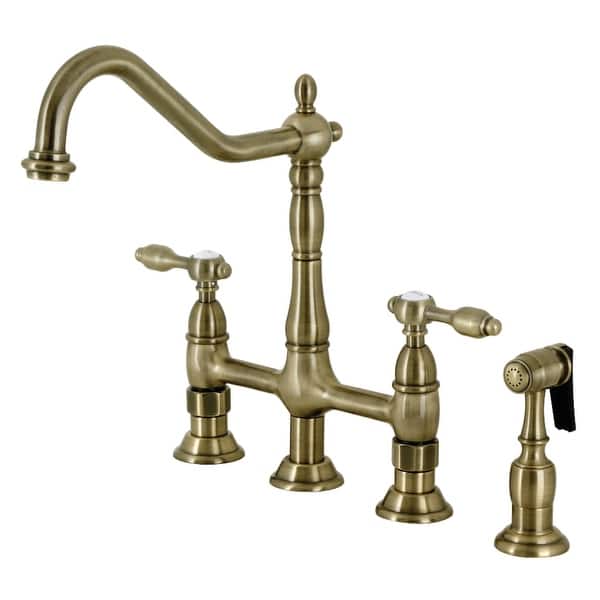 slide 2 of 11, Kingston Brass Tudor 1.8 GPM Bridge Kitchen Faucet - Includes Side Antique Brass