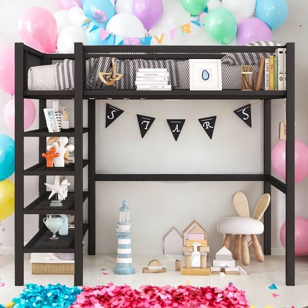 slide 2 of 59, Modern Full Size Loft Bed with 4-Tier Shelves and Storage and 4-step Ladder for Bedroom