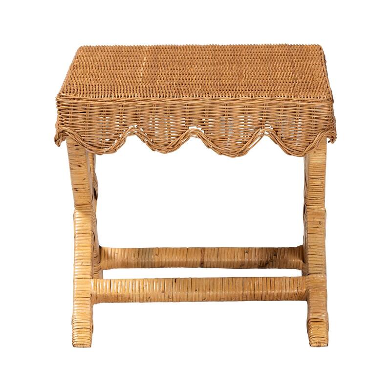 Modesta Natural Rattan Accent Bench - Handwoven Wicker Seating with Scalloped Apron and X-Frame Base, Coastal Boho Seating