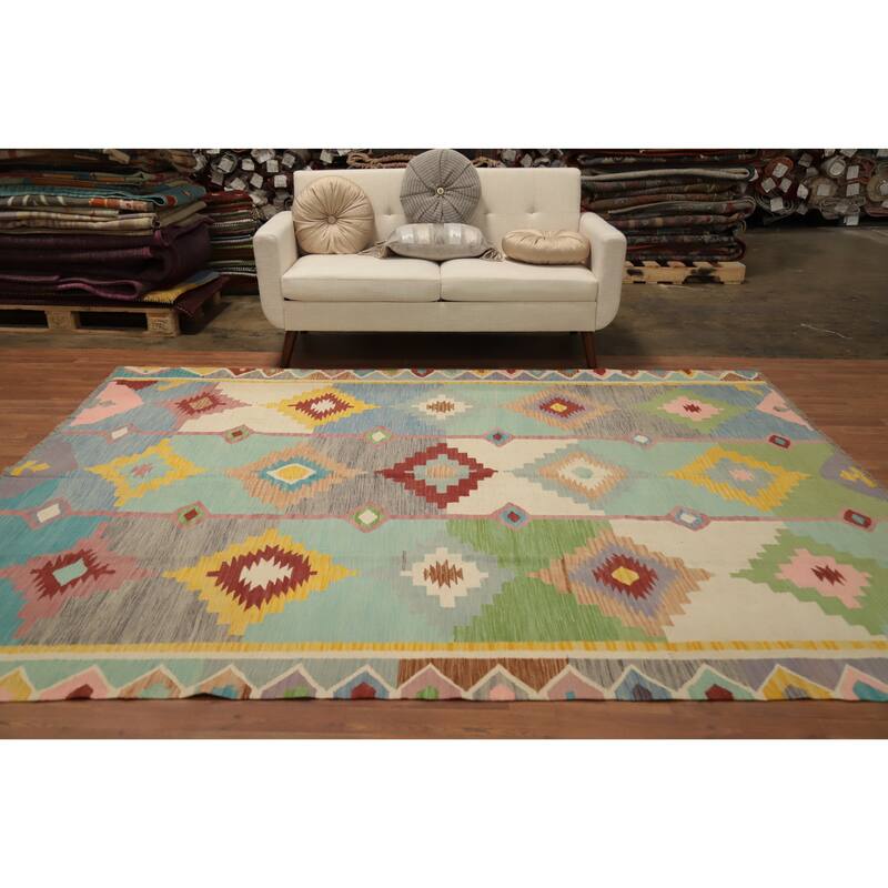 Hand Woven Oriental 100% Wool Carpet Southwestern Tribal Multi-Colored Kilim Area Rug - 9' 6'' X 7' 8''