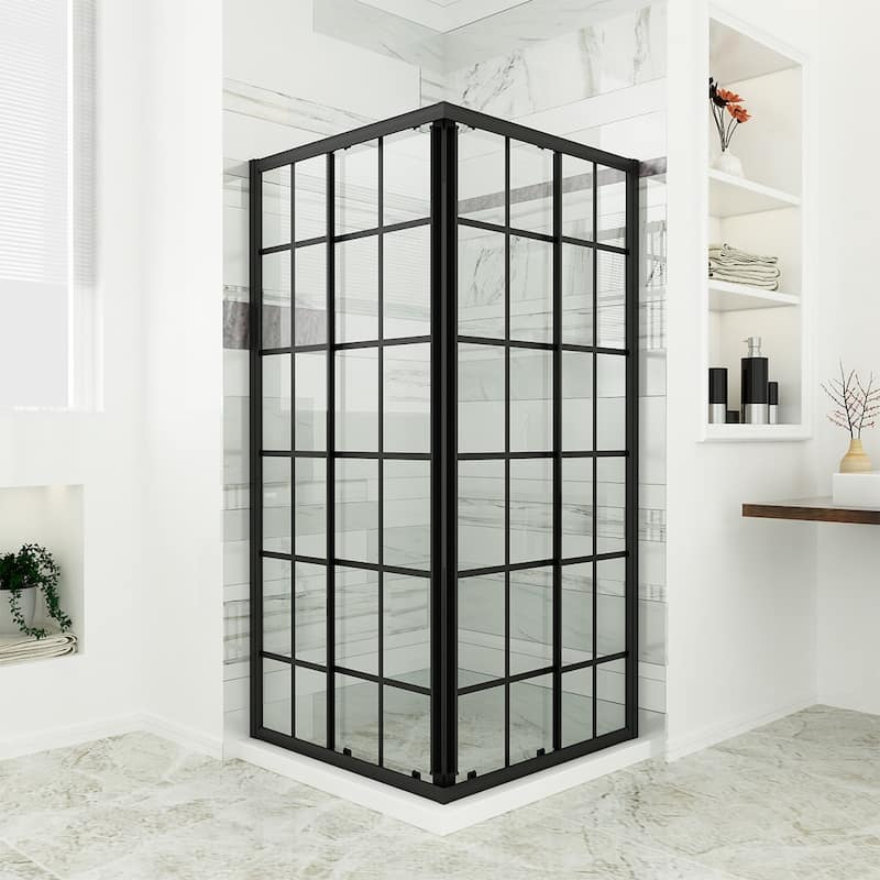 Elegant Black Check Corner Entry Enclosure in Sliding Shower Doors 36 in. W x 36 in. D x 72 in. H - Black Square