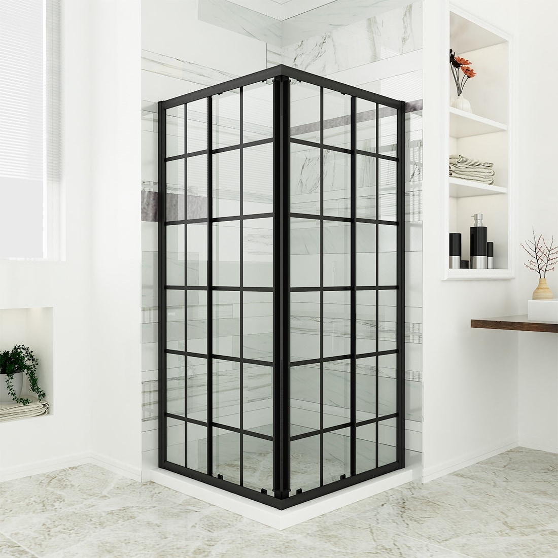 Elegant Black Check Corner Entry Enclosure in Sliding Shower Doors 36 in. W x 36 in. D x 72 in. H