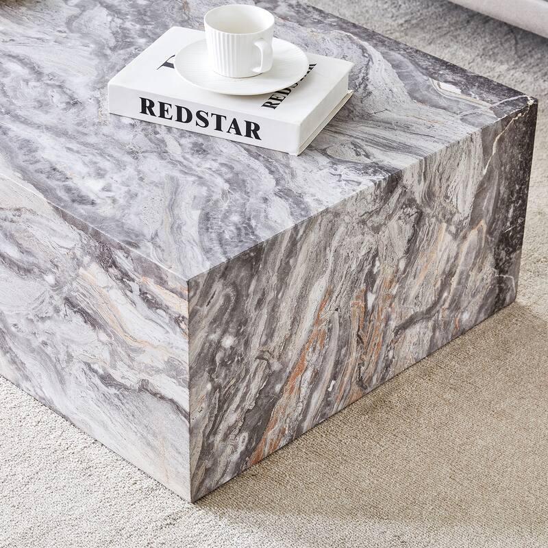 Modern Rectangular Coffee Table with Solid Base, Wooden Center Table with Imitation Marble Texture for Living Room