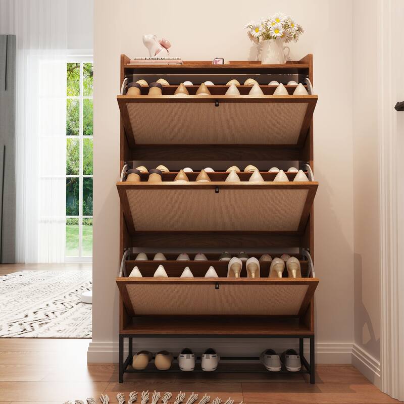 Wooden Shoe Storage Cabinet with triple-tier flip-up drawer