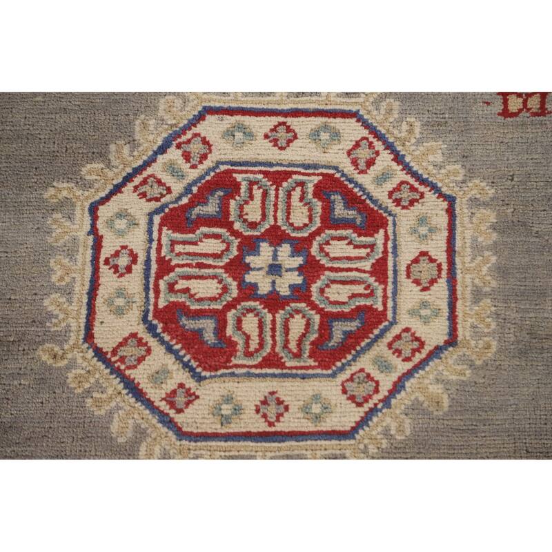 Geometric Grey Kazak Runner Rug Handmade Wool Carpet - 2'10" x 19'7"