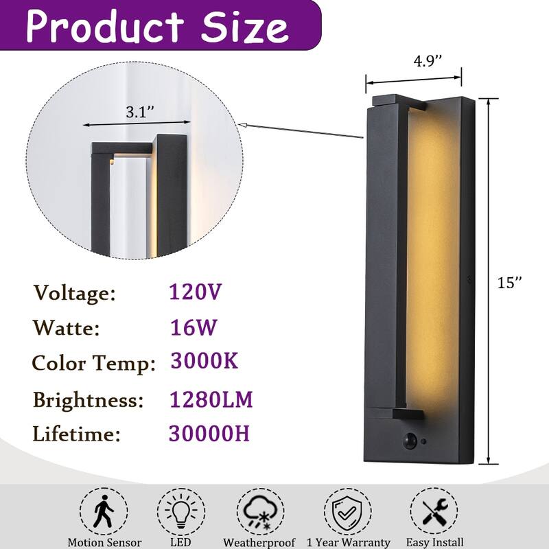 CraftHome Modern Motion Sensor Outdoor Wall Light Integrated LED Wall Sconce Matte Black Iron Exterior Light Fixture