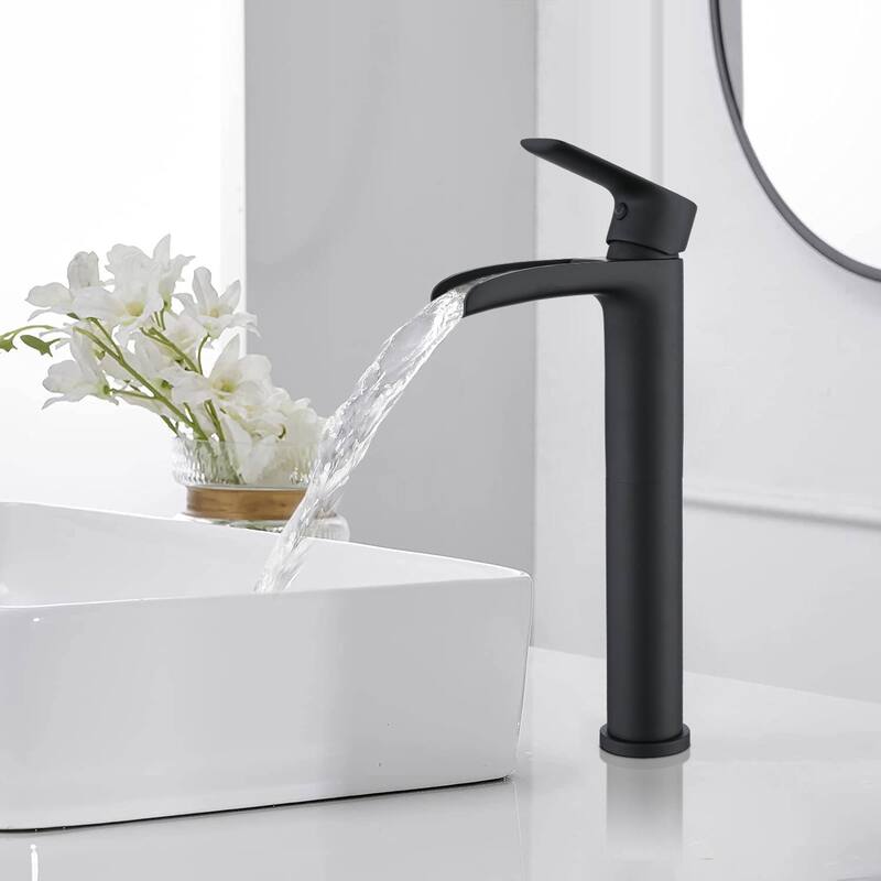 Vessel Sink Faucet Waterfall Bathroom Faucet, Matte Black