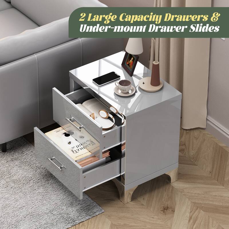 High Gloss Mirrored Nightstand with 2 Drawers,Modern End Table with Drawers,Mirrored High Gloss Wood Nightstand Metal Handle