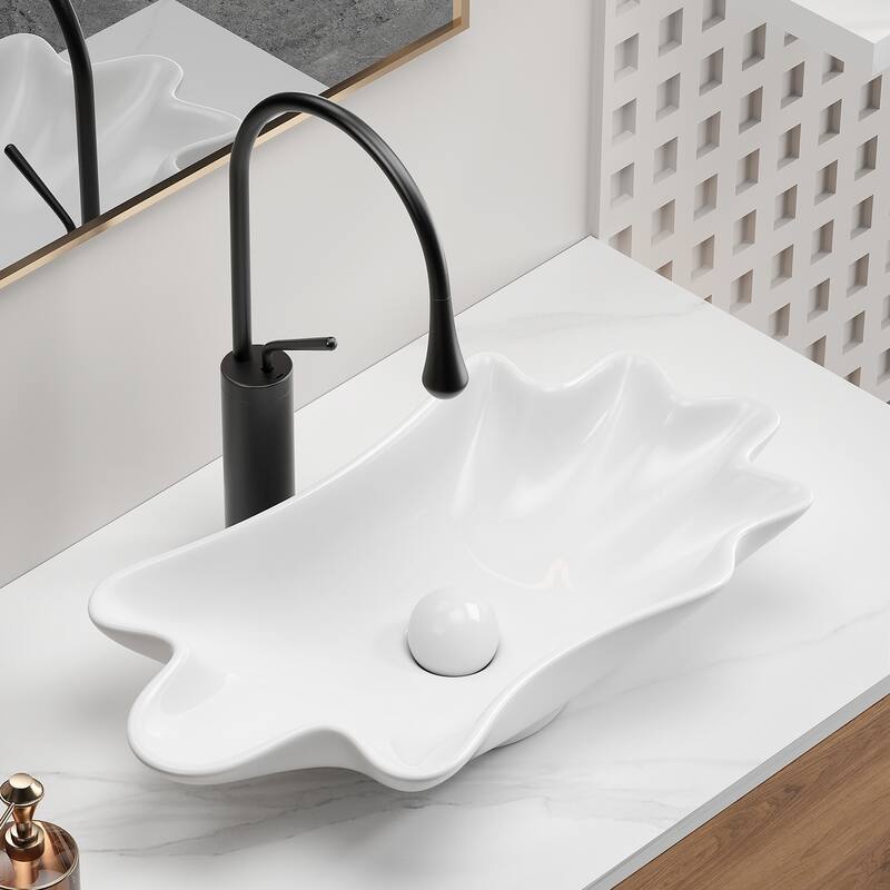 GDFStudio - Sebastian Artistic Shell-Shaped Vessel Bathroom Sink with Elegant Above-Counter Ceramic Basin Design