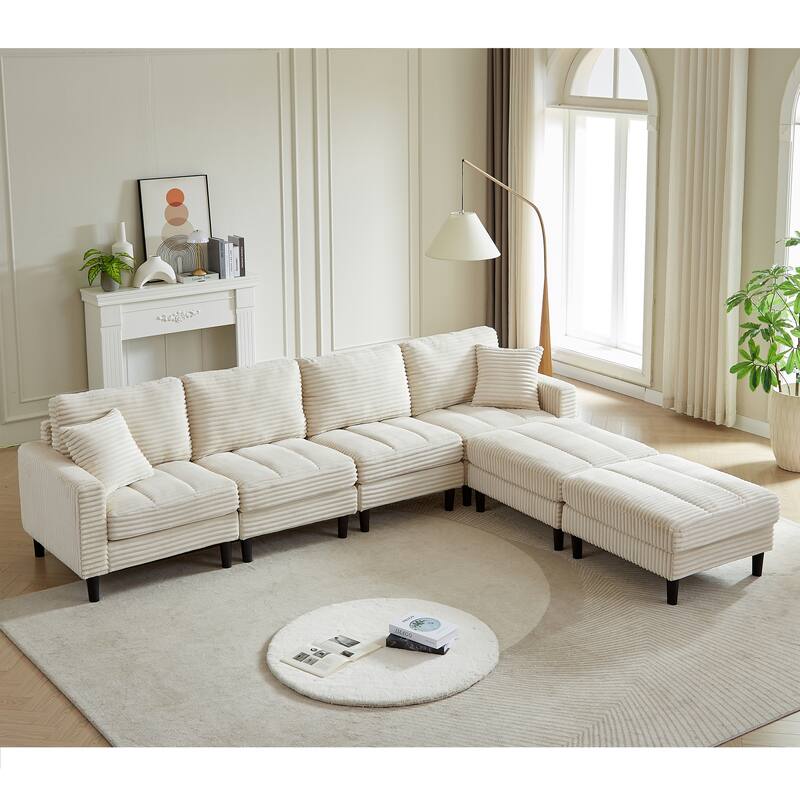 122.5" Corduroy U-Shaped Sectional Sofa with Ottomans & Pillows