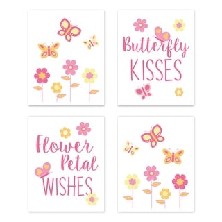 Butterfly Collection Wall Decor Art Prints (Set of 4) - Pink and Orange Floral Flower Garden Kisses and Wishes