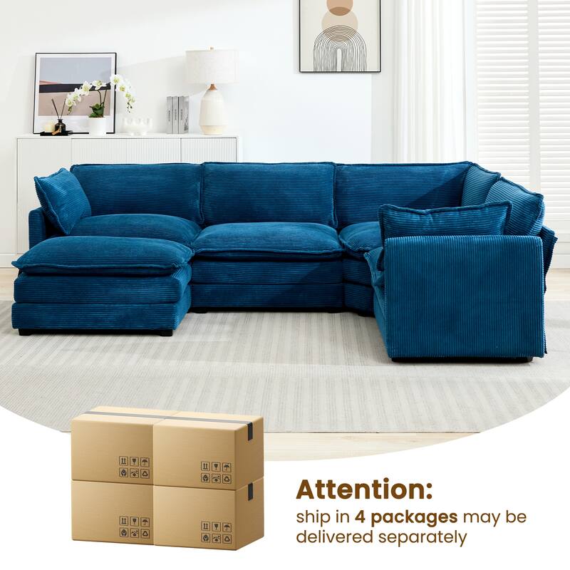 5-Seater Corduroy Sectional Sofa with a Removable Ottoman & Corner Seat, Soft & Comfortable - 4 Seats with 1 Ottoman