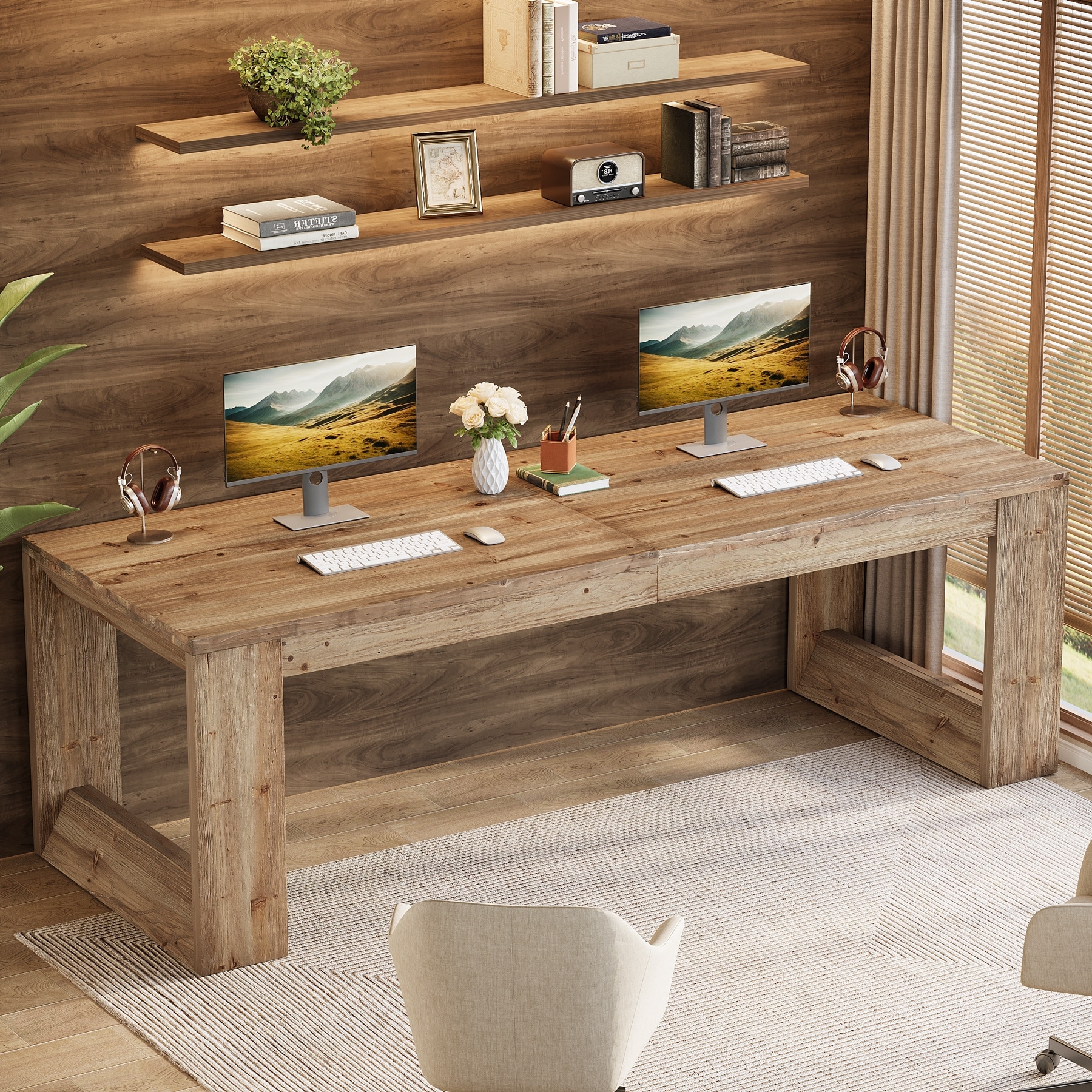 86.6-Inch Solid Wood Computer Desk, Two Person Desk, Extra Long Writing Table, Large Rectangle Workstation for Home Office