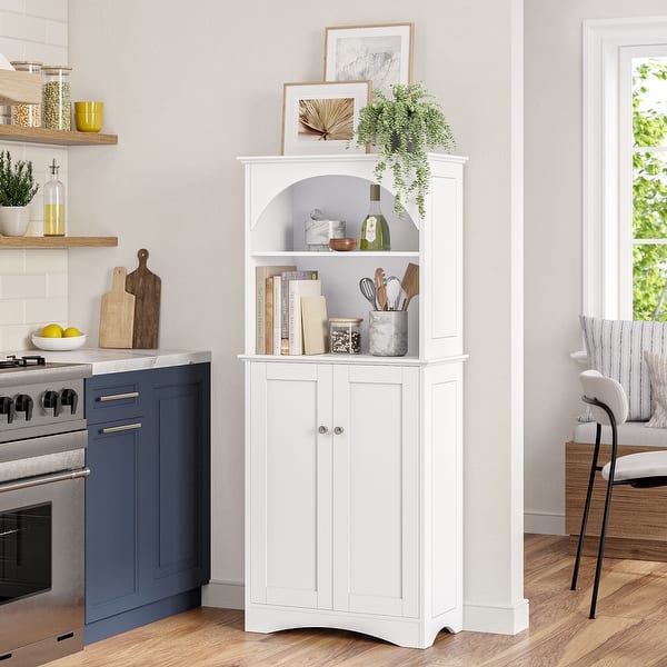 slide 2 of 6, Two-Door Tall Kitchen Storage Cabinet with Open Shelves - White