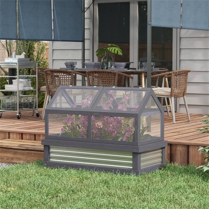 Grey Fir Wood Galvanized Steel Polycarbonate Mini Greenhouse with Roof