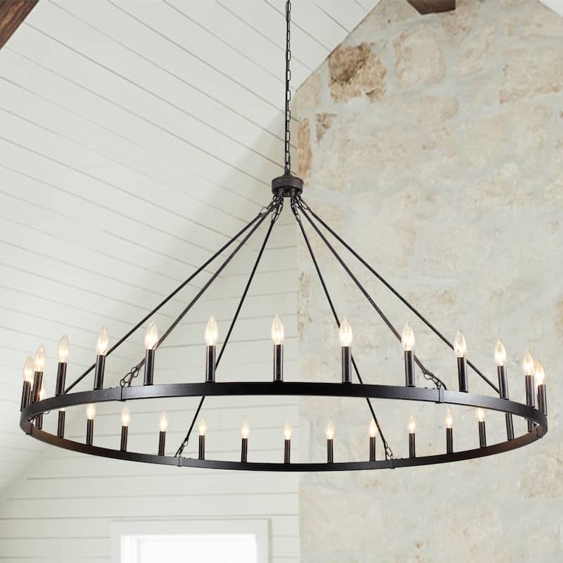 Vyolette 60 in. 30-Light Extra Large Farmhouse Round Wagon Wheel Chandelier, Classic Dining Room Living Room Chandelier