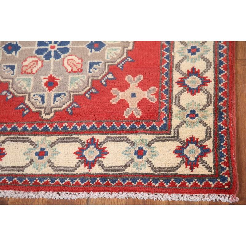 Hand Knotted Oriental 100% Wool Carpet Traditional Geometric Red Kazak Runner Rug - 9' 3'' X 2' 9''
