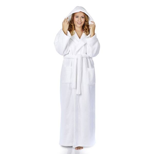 Women's Hooded Premium Fleece Full Length Bathrobe Soft Plush Robe On