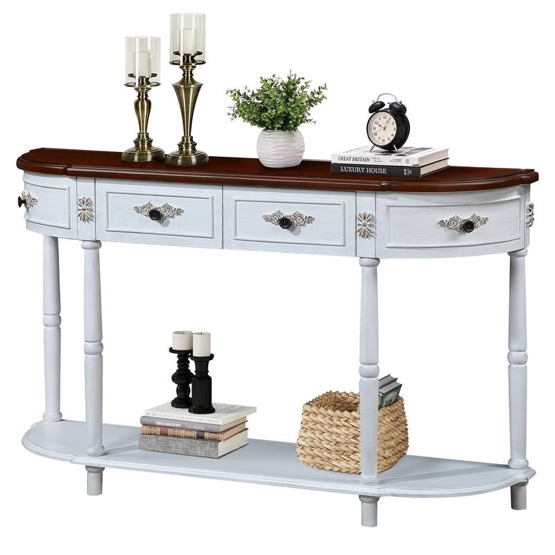 Curved Wood Console Table Sofa Table with Open Shelf and Drawers