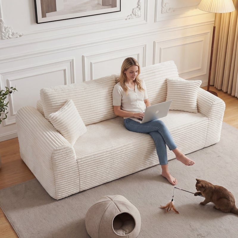 86.6" 3-Seater Corduroy Sofa with Pillows, No Assembly Required - White