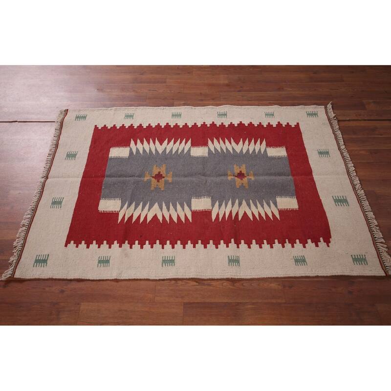 Geometric Kilim Persian Foyer Rug Flatweave Wool Carpet - 3'3"x 4'5"