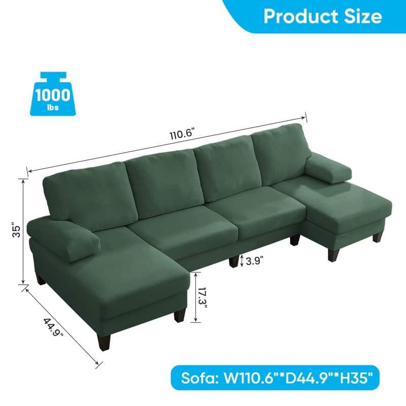 Mixoy W110"Velvet U-Shaped Sectional Sofa Couches,Upholstered 4-Seater Sofa with Double Chaises and Sleepable Armrest