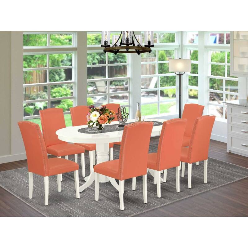 Modern Kitchen Dining Set - 9 Piece Table with Leaf & 8 Chairs - Pink Flamingo Linen White Legs