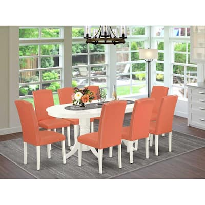 Modern Kitchen Dining Set - 9 Piece Table with Leaf & 8 Chairs - Pink Flamingo Linen White Legs