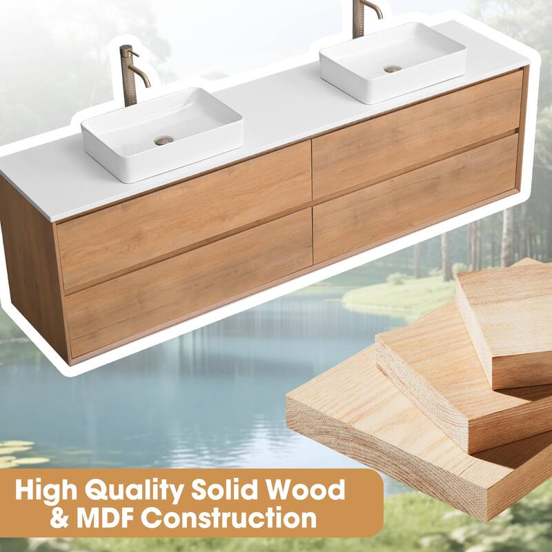 84" Floating Bathroom Vanity Quartz Counter Top with Double Ceramic Vessel Sink