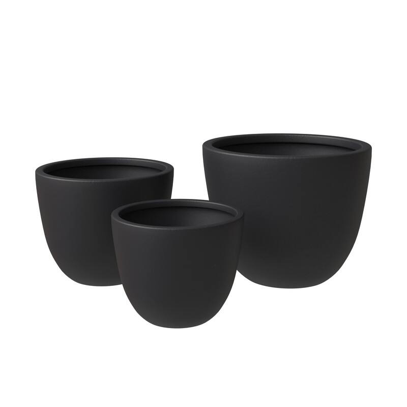 Dahlia 3-Piece Modern Round Planter Set, Durable Fiberstone & Clay Pots for Indoor & Outdoor Plants - Black