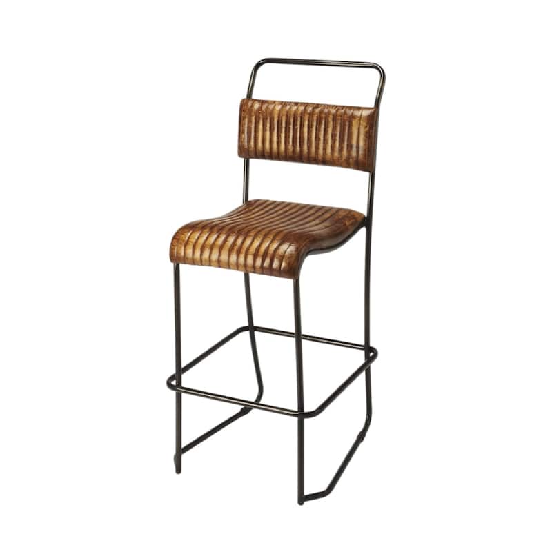 Brown Iron Tall Bar Chair with Full Back, Footrest and Black Frame - 20” x 16” x 46” (D x W x H) - Brown-Black