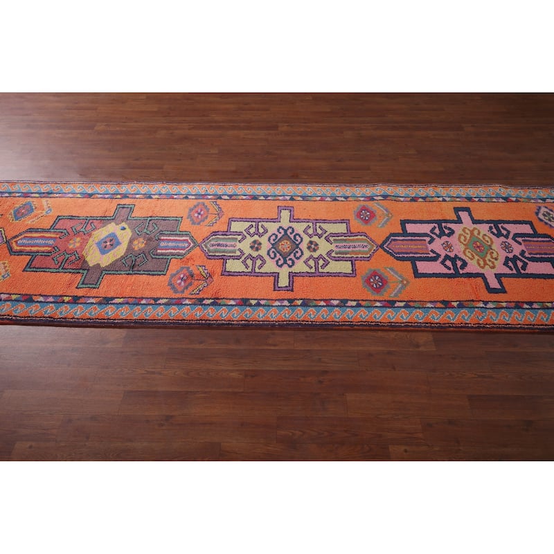 Orange Geometric Anatolian Oriental Runner Rug Handmade Silk Carpet - 3'0"x 12'4"