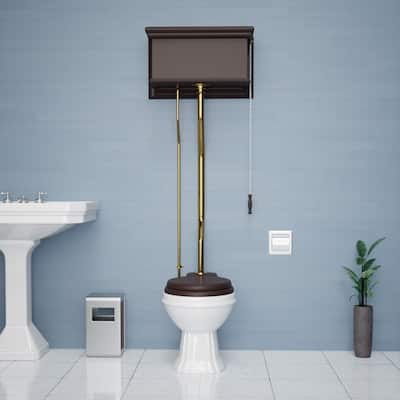 Dark Oak Wooden High Tank Toilet Tank, Elongated White Bowl and Brass Z Pipes