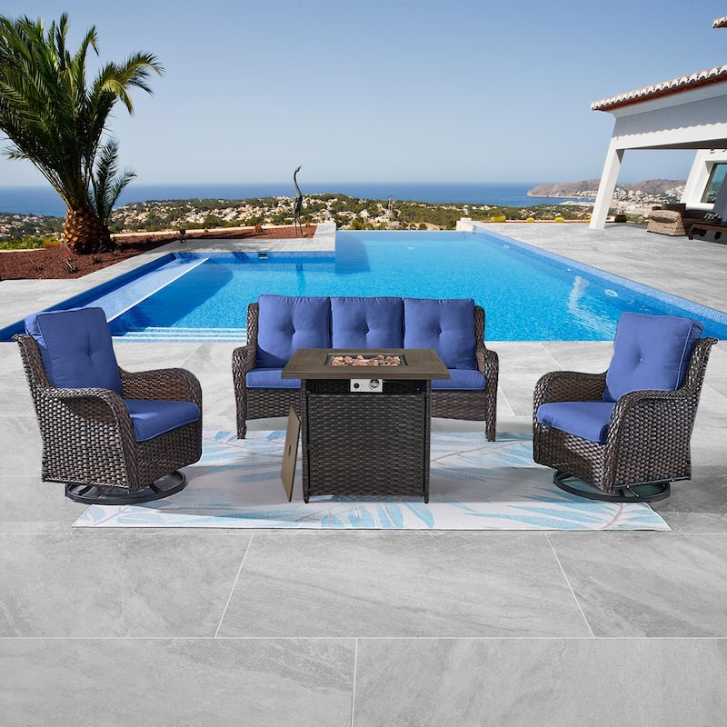 Gymojoy Sofa Swivel Chairs with 50,000 BTU Propane Fire Pit Table - Brown - Blue