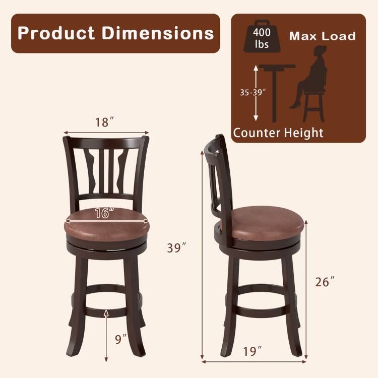 Set of 2 Cappuccino Rubber Wood MDF Faux Leather Swivel Bar Stools with Footrest