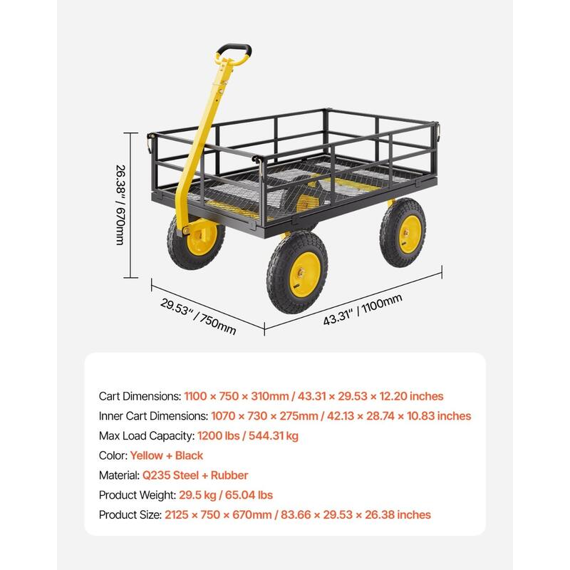 Heavy-Duty Steel Garden Cart, 1200 lbs Capacity, 3-in-1 Design - 83.66 x 29.53 x 26.38 inches