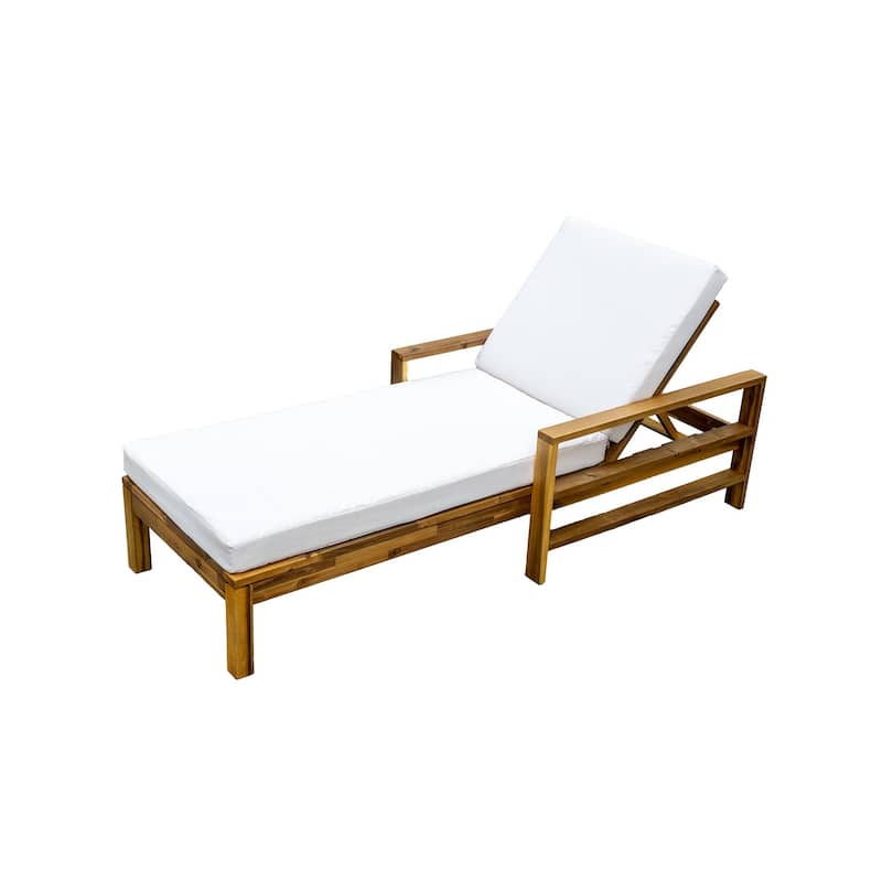 Acacia Wood Chaise Lounge Patio Recliner with Adjustable Backrest & Padded Cushion, Outdoor Sunbathing Chair for Poolside Areas