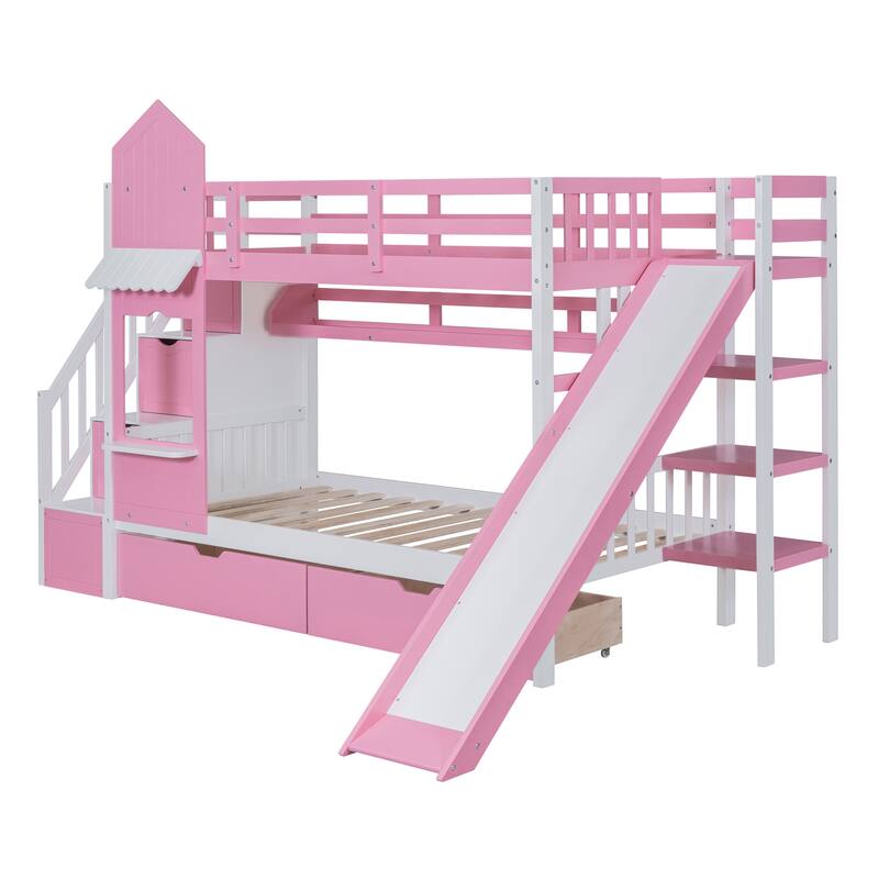 Castle Style Twin/Full Bunk Bed with Slide, 2 Drawers, 3 Shelves, and Playhouse Design