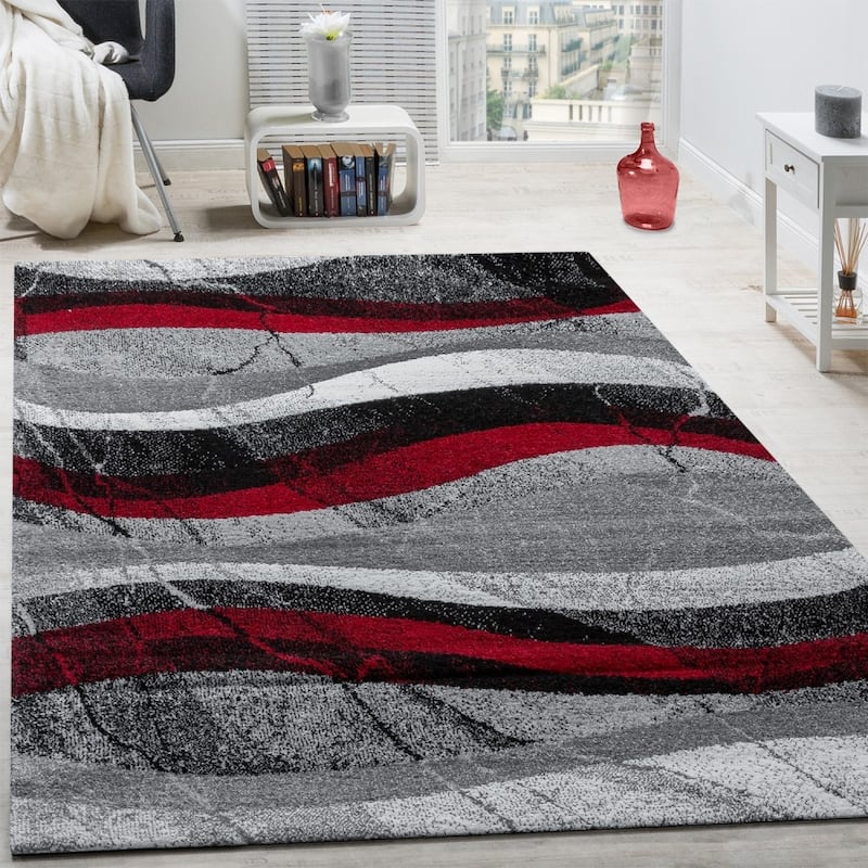 Grey Red Designer Rug with Modern Wave Effect Abstract - 2'8" x 4'11"