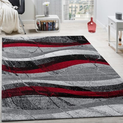 Grey Red Designer Rug with Modern Wave Effect Abstract